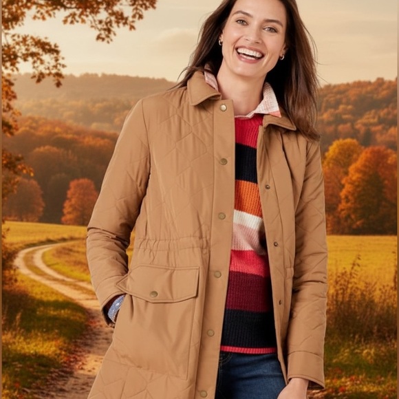 Talbots Tan Quilted Snap Button Cinch Waist Midi-Length Coat Size Large Petite - Picture 5 of 14